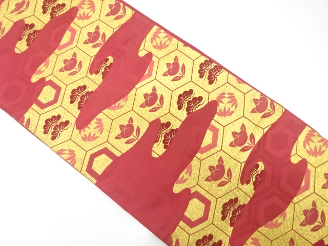 アンティーク　霞に亀甲・笠松・万寿菊模様織り出し袋帯（着用可）